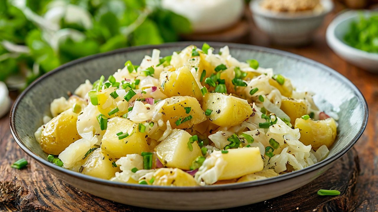 Главная картинка новости: Салат «Проще некуда» — нужно всего 3 продукта: идеальное сочетание квашеной капусты, картошки и лука