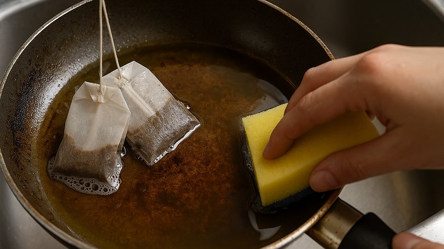 Главная картинка новости: Два пакетика заливаю кипятком, и сковородка как новая: сияет будто из магазина - от жира и нагара не остается и следа
