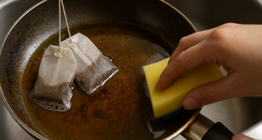 Два пакетика заливаю кипятком, и сковородка как новая: сияет будто из магазина - от жира и нагара не остается и следа