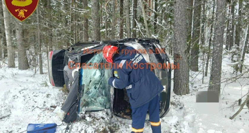 В Костромской области из-за ямы на дороге иномарка вылетела в кювет